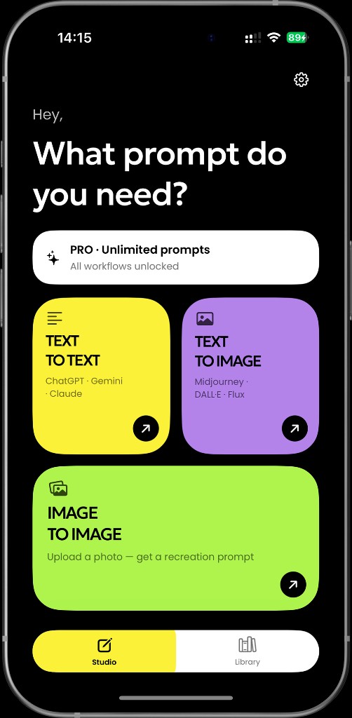 Prompt Generator app — Studio home with Text, Image, and Reference workflows
