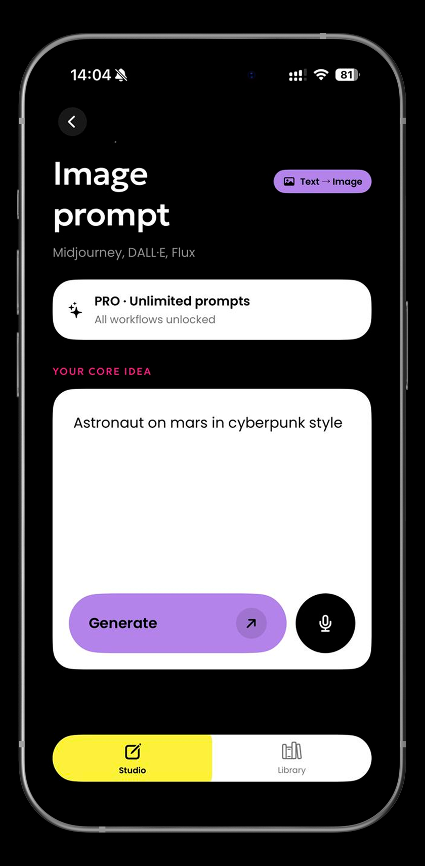 ChatGPT prompt builder — compose screen with a text prompt idea ready to generate